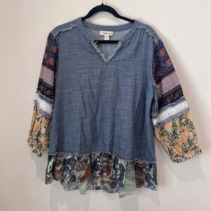 Coldwater Creek Boho Patchwork Tunic Top Large Fringe Stud Festival Party Brunch